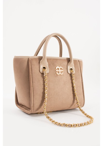 Geniş Iç Hacimli Zincirli Tasarım Vizon Süet Kadın Çantası modelleri