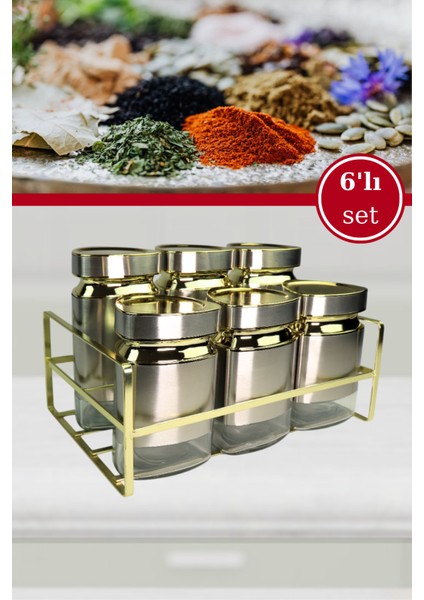 6 Parça Üçgen Vakum Kapaklı Cam Baharatlık Seti ve Metal Stant, Baharat Takımı 6’li Set
