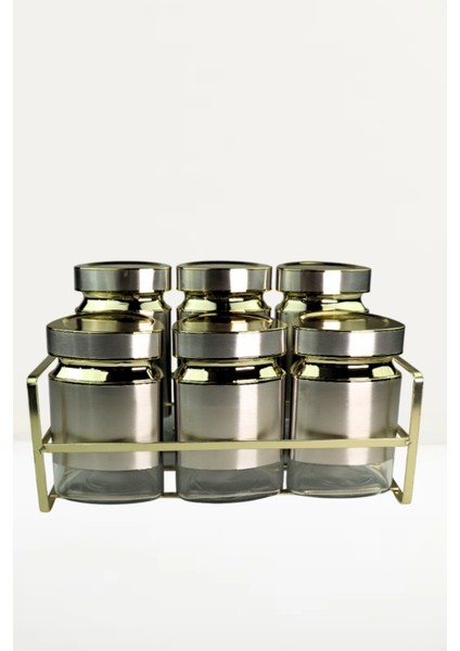 6 Parça Üçgen Vakum Kapaklı Cam Baharatlık Seti ve Metal Stant, Baharat Takımı 6’li Set