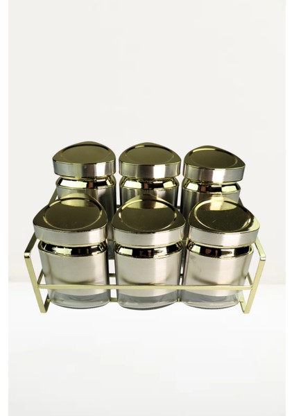 6 Parça Üçgen Vakum Kapaklı Cam Baharatlık Seti ve Metal Stant, Baharat Takımı 6’li Set
