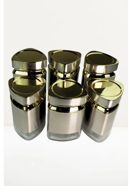 6 Parça Üçgen Vakum Kapaklı Cam Baharatlık Seti ve Metal Stant, Baharat Takımı 6’li Set