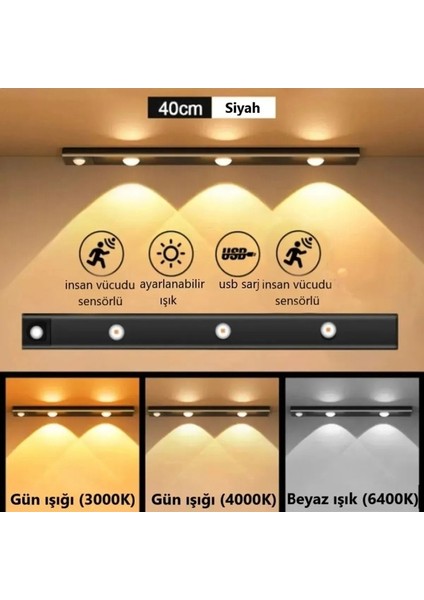 40 cm Mutfak Tezgah Aydınlatması Şarjlı 3 Renk Hareket Sensörlü Dolap İçi Lamba LED Bar