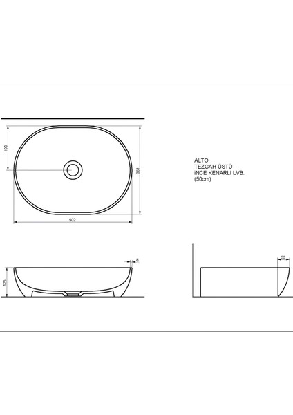 Alto Oval Mat Siyah Deliksiz Lavabo 50 cm