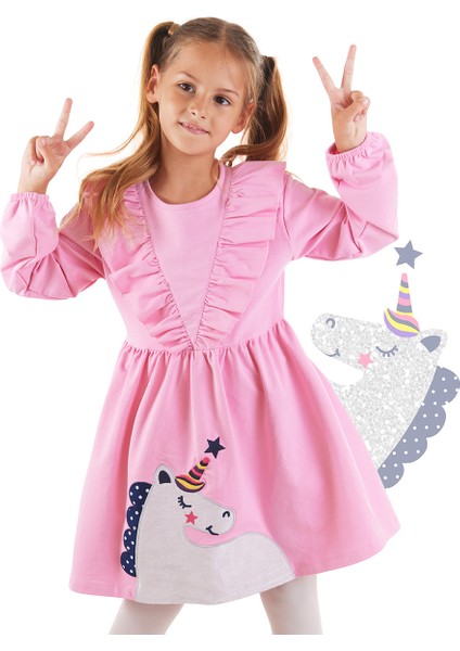 Simli Unicorn Kız Çocuk Pembe Elbise