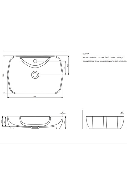 Lucida Oval Beyaz Delikli Lavabo 55 cm A002561H