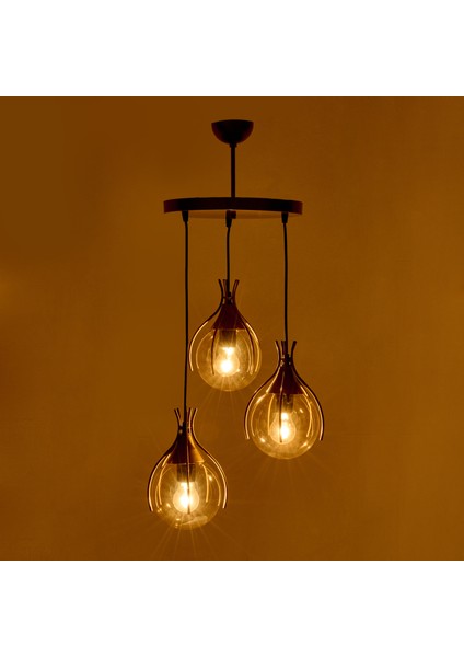 Nisa Luce Kınalı 3'lü Cam Avize - Eskitme / Bal - 85X30X30 cm