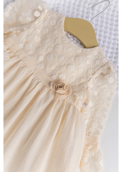 Dantel Tül Detaylı Dokuma Kumaş Krem Kız Çocuk Elbise fiyatları