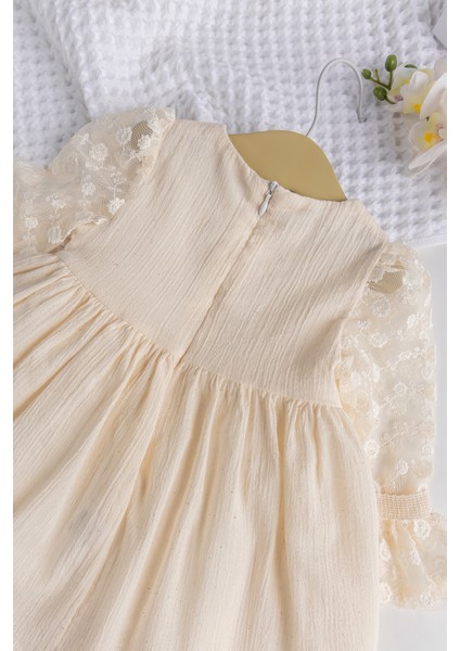Dantel Tül Detaylı Dokuma Kumaş Krem Kız Çocuk Elbise modelleri