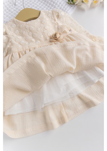 Dantel Tül Detaylı Dokuma Kumaş Krem Kız Çocuk Elbise fırsatları