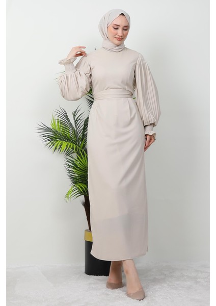 Kolu Piliseli Gipeli Elbise Bej fiyatları