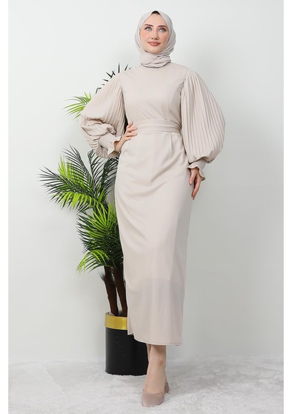 Kolu Piliseli Gipeli Elbise Bej modelleri