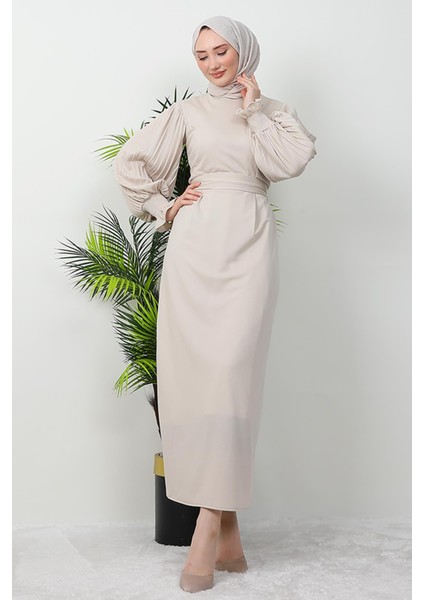 Kolu Piliseli Gipeli Elbise Bej fırsatları