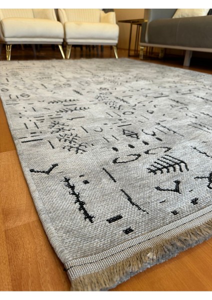 Ecosıa Modern Şönil Kilim Halı Yüksek Kalite Yolluk Antrasit Yıkanabilir Saçaklı Kaymaz Taban