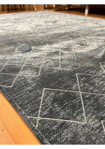 Ecosıa Modern Şönil Kilim Halı Yüksek Kalite Yolluk Antrasit Yıkanabilir Saçaklı Kaymaz Taban