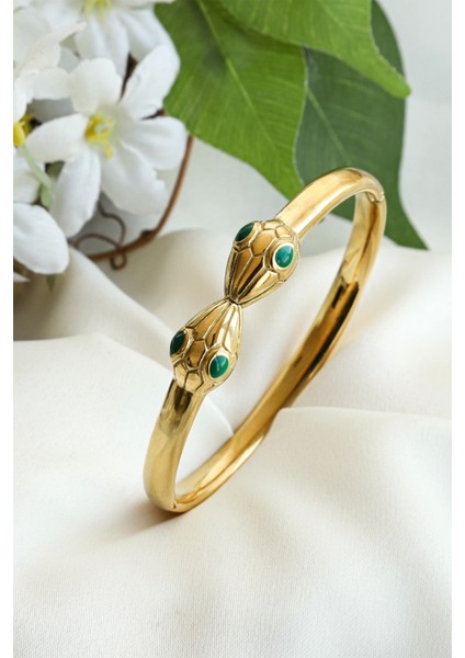 Çift Yılan Başlı Zümrüt Yeşil Detaylı 316L Kadın Çelik Bileklik