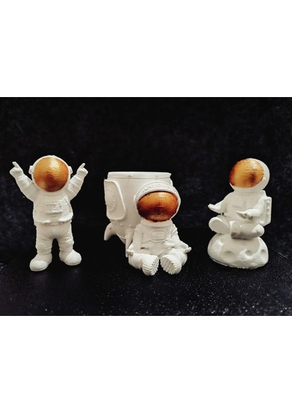 3'lü Set Astronot Kalemlik ve Masa Dekorları Biblo Heykel Obje