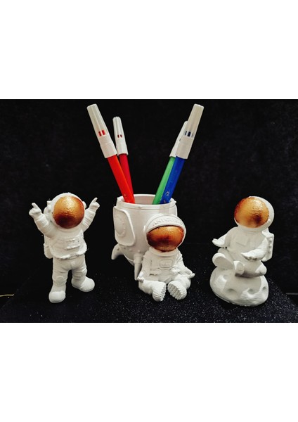 3'lü Set Astronot Kalemlik ve Masa Dekorları Biblo Heykel Obje