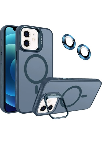 Apple iPhone 12 ile Uyumlu Lens Hediyeli Kapak Kamera Korumalı Wireless Şarj Özellikli Standlı Premium Kılıf - Lacivert