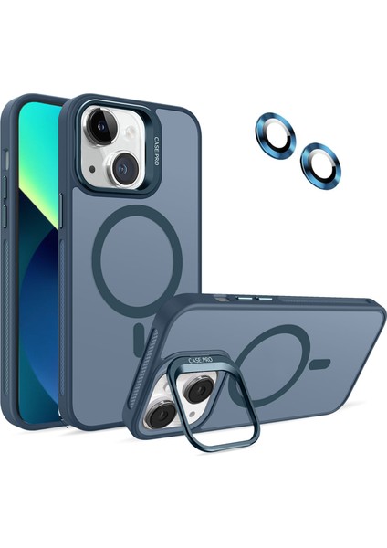 Apple iPhone 13 ile Uyumlu Lens Hediyeli Kapak Kamera Korumalı Wireless Şarj Özellikli Standlı Premium Kılıf - Lacivert