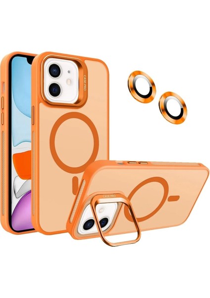 Apple iPhone 11 ile Uyumlu Lens Kapak Kamera Korumalı Wireless Şarj Özellikli Standlı Premium Kılıf - Turuncu
