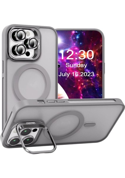 Apple iPhone 15 Pro ile Uyumlu Lens Hediyeli Kapak Kamera Korumalı Wireless Şarj Özellikli Standlı Premium Kılıf - Gri