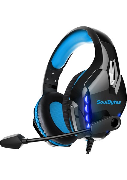 Soulbytes S11 USB + 3.5mm Kablolu Kulak Üstü E-Spor Kulaklık Dönebilen Mikrofonlu Serin LED Işık Oyun Kulaklığı-Mavi (Yurt Dışından)