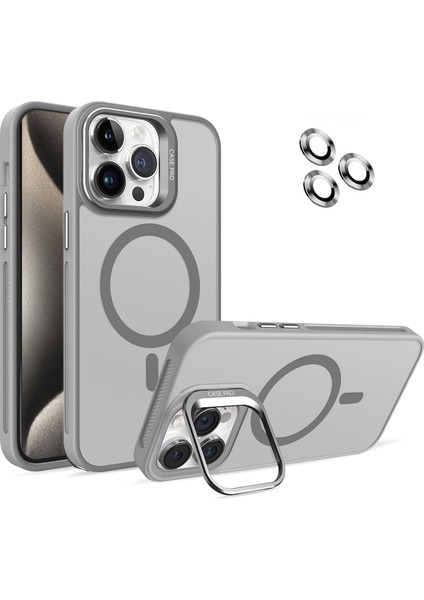 Apple iPhone 15 Pro Max ile Uyumlu Lens Hediyeli Kapak Kamera Korumalı Wireless Şarj Özellikli Standlı Premium Kılıf - Gri