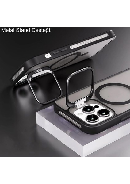 Apple iPhone 15 Pro Max ile Uyumlu Lens Hediyeli Kapak Kamera Korumalı Wireless Şarj Özellikli Standlı Premium Kılıf - Gri