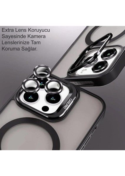 Apple iPhone 15 Pro Max ile Uyumlu Lens Hediyeli Kapak Kamera Korumalı Wireless Şarj Özellikli Standlı Premium Kılıf - Gri