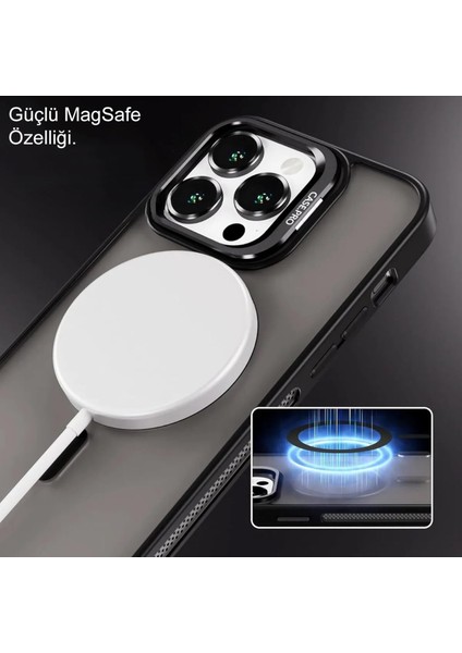 Apple iPhone 15 Pro Max ile Uyumlu Lens Hediyeli Kapak Kamera Korumalı Wireless Şarj Özellikli Standlı Premium Kılıf - Gri