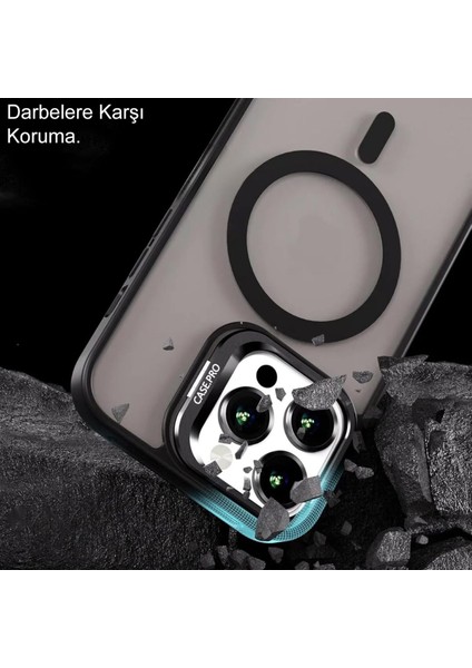 Apple iPhone 15 Pro Max ile Uyumlu Lens Hediyeli Kapak Kamera Korumalı Wireless Şarj Özellikli Standlı Premium Kılıf - Gri