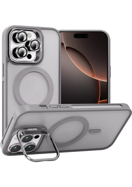 Apple iPhone 16 Pro Max ile Uyumlu Lens Hediyeli Kapak Kamera Korumalı Wireless Şarj Özellikli Standlı Premium Kılıf - Gri