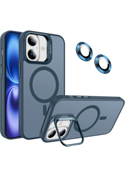 Apple iPhone 16 ile Uyumlu Lens Hediyeli Kapak Kamera Korumalı Wireless Şarj Özellikli Standlı Premium Kılıf - Lacivert