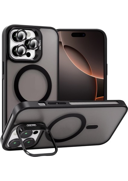 Apple iPhone 16 Pro Max ile Uyumlu Lens Hediyeli Kapak Kamera Korumalı Wireless Şarj Özellikli Standlı Premium Kılıf - Siyah