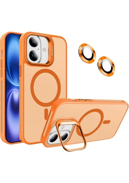 Apple iPhone 16 ile Uyumlu Lens Hediyeli Kapak Kamera Korumalı Wireless Şarj Özellikli Standlı Premium Kılıf - Turuncu