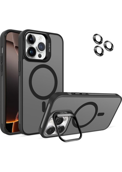 Apple iPhone 16 Pro ile Uyumlu Lens Hediyeli Kapak Kamera Korumalı Wireless Şarj Özellikli Standlı Premium Kılıf - Siyah