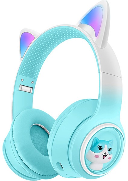 Akz-02 Renkli Işık Kedi Kulak Kablosuz Bluetooth Kulaklık Ağır Bas E-Spor Başa Monte Kulaklık-Degrade Gök Mavisi (Yurt Dışından)