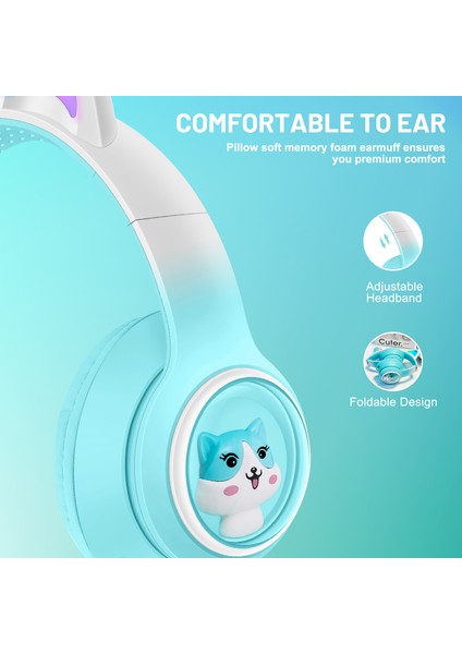 Akz-02 Renkli Işık Kedi Kulak Kablosuz Bluetooth Kulaklık Ağır Bas E-Spor Başa Monte Kulaklık-Degrade Gök Mavisi (Yurt Dışından)