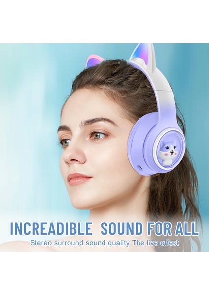Akz-02 Renkli Işık Kedi Kulak Kablosuz Bluetooth Kulaklık Ağır Bas E-Spor Başa Monte Kulaklık-Degrade Gök Mavisi (Yurt Dışından)