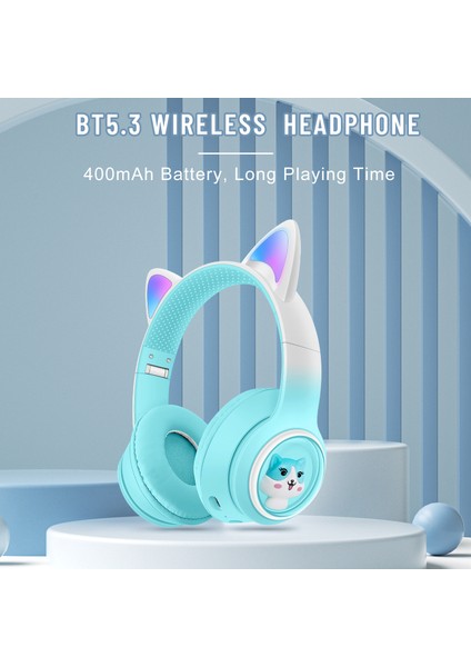 Akz-02 Renkli Işık Kedi Kulak Kablosuz Bluetooth Kulaklık Ağır Bas E-Spor Kafaya Monte Kulaklık-Degrade Pembe (Yurt Dışından)