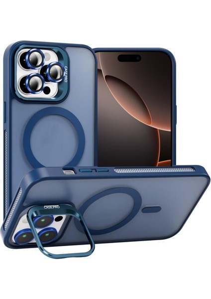 Apple iPhone 16 Pro Max ile Uyumlu Lens Hediyeli Kapak Kamera Korumalı Wireless Şarj Özellikli Standlı Premium Kılıf - Lacivert