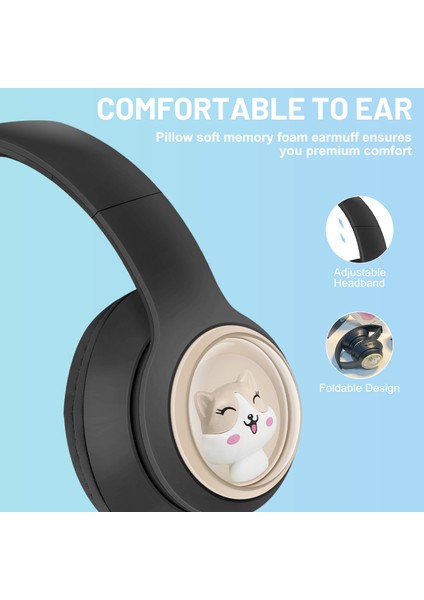Akz-06 Karikatür Hayvan Katlanabilir Kulak Üstü Bluetooth Kulaklık Düşük Gecikme Oyun Kulaklığı-Siyah (Yurt Dışından)