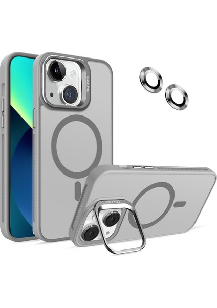 Apple iPhone 13 ile Uyumlu Lens Hediyeli Kapak Kamera Korumalı Wireless Şarj Özellikli Standlı Premium Kılıf - Gri