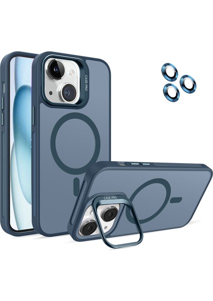 Apple iPhone 15 ile Uyumlu Lens Hediyeli Kapak Kamera Korumalı Wireless Şarj Özellikli Standlı Premium Kılıf - Lacivert