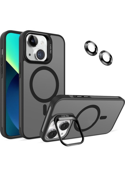 Apple iPhone 13 ile Uyumlu Lens Hediyeli Kapak Kamera Korumalı Wireless Şarj Özellikli Standlı Premium Kılıf - Siyah