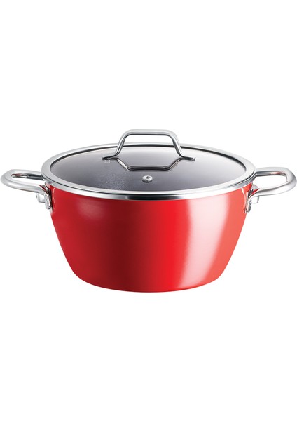 Titanyum Emaye Derin Tencere - Kırmızı - 22 Cm