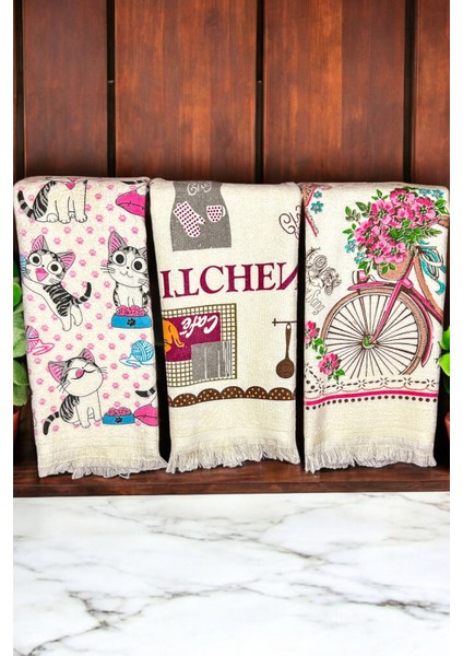3'lü Saçaklı Pamuklu 40x60 cm Pamuk Baskılı Havlu Seti El Yüz Mutfak Havlusu Yumuşak Desenli Su Emici Set