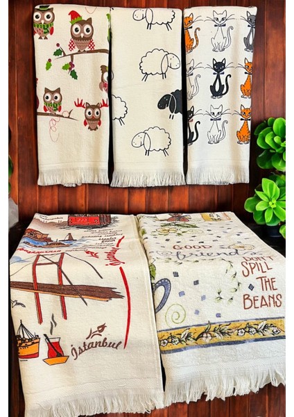 5'li Saçaklı Pamuklu 40X60 cm %100 Pamuk Baskılı Havlu Seti El Yüz Mutfak Havlusu Yumuşak Desenli Su Emici Set