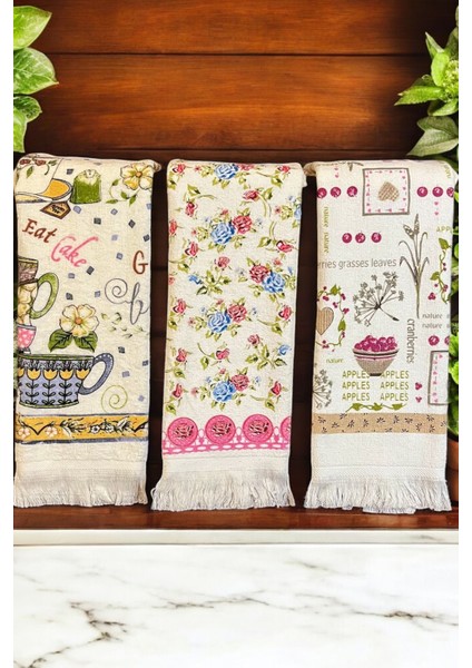 3'lü Saçaklı Pamuklu 40X60 cm %100 Pamuk Baskılı Havlu Seti El Yüz Mutfak Havlusu Yumuşak Desenli Su Emici Set
