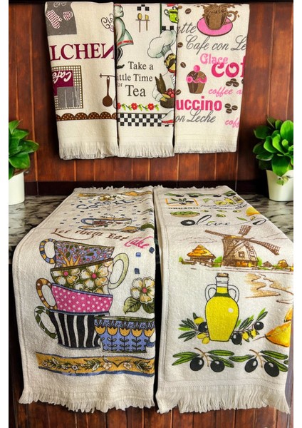 5'li Saçaklı Pamuklu 40X60 cm %100 Pamuk Baskılı Havlu Seti El Yüz Mutfak Havlusu Yumuşak Desenli Su Emici Set